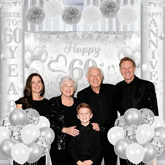 Silver Happy 60th Anniversary Decorations for Men Women, Silver 60th Wedding Anniversary Party Decorations Banner, Porch Banner, Tablecloth and Balloons Kit Party Supplies