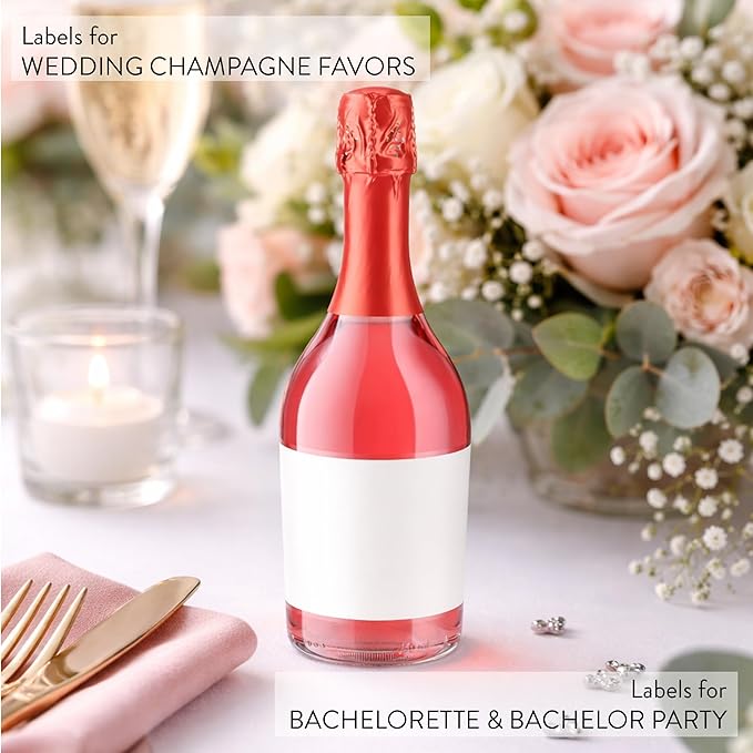 Dashleigh Mini Bottle Labels 3x1.5 Inch, 70 Blank Printable Stickers for Mini Champagne, Wine and Liquor Bottles - Recycled White Label Sheets for Inkjet and Laser Printer, Wedding Favors, Party Gifts