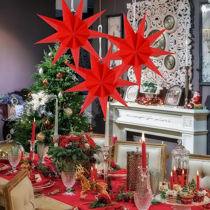 SUNBEAUTY 3 Pcs 9-Pointed Red Paper Star Lanterns 12 Inch Christmas Hanging Lamp Red Paper Decorations Shade Wedding Birthday Christmas Home Party Decorations