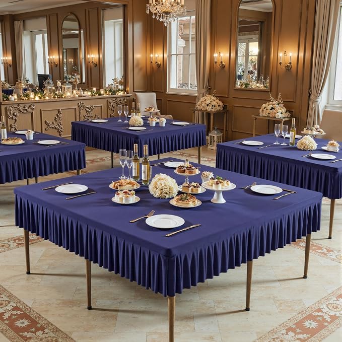 Shillance 54x54 Inch Navy Blue Spandex Square Tablecloth, Wrinkle Free Navy Blue Fitted Table Cloth for Square Tables,Washable Pleated Table Cover for Wedding Birthday Cocktail Party Buffet Dinner