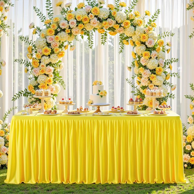 PARTISKY 6 Pack Yellow Tablecloths for Rectangle Tables 6ft, Wrinkle Resistant Spandex Table Cover Fitted Stretch Table Cloth with Pleated Ruffle Skirts for Party Banquet Dining Birthday Wedding
