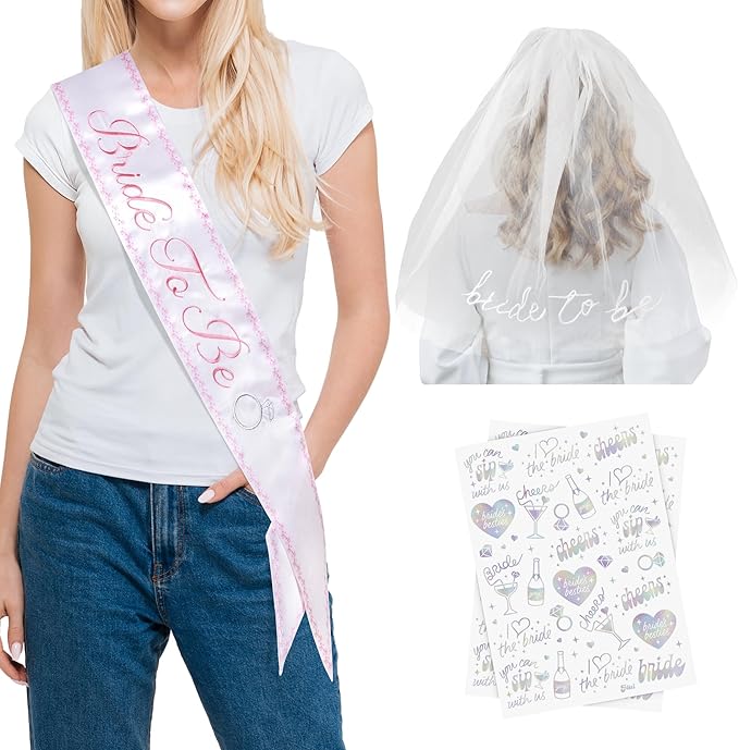 Luxury Bride to Be Sash Set – Embroidered Sash with Colored Trim, Embroidered Veil & Temporary Tattoos – Bridal Shower Hen Night Bachelorette Party Accessories
