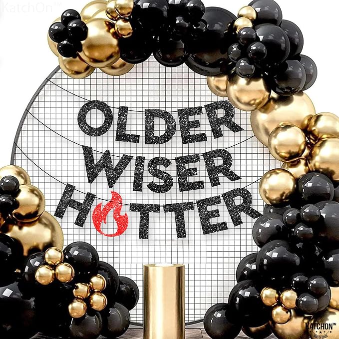 KatchOn Glitter Older Wiser Hotter Birthday Decorations - No DIY, 10 Feet | Older Wiser Hotter Banner for Birthday Decorations | Happy Birthday Banner for men, Women | Funny Bday Decorations