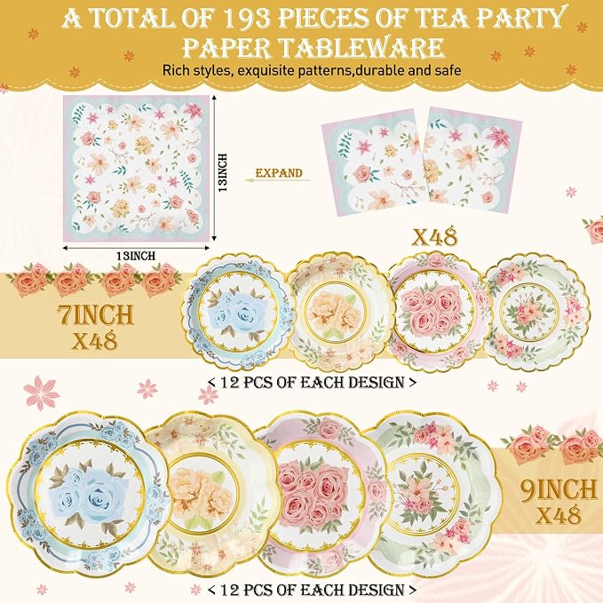 Yungyan 193 Pcs 48 Guests Tea Birthday Party Supplies Disposable Tableware Set 9 oz Paper Tea Cups with Handle 7" 9" Paper Plates Napkin Tablecloth for Floral Party Wedding Baby Shower (Sweet Style)