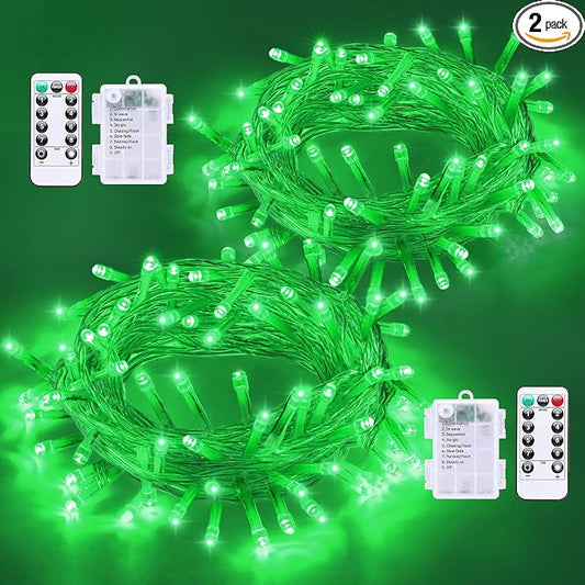 QITONG String Lights Battery Operated, 2 Pack Each 33ft 100 LED Green Halloween Lights Outdoor Waterproof, 8 Modes Clear Wire Christmas Twinkle Fairy Lights Indoor with Remote