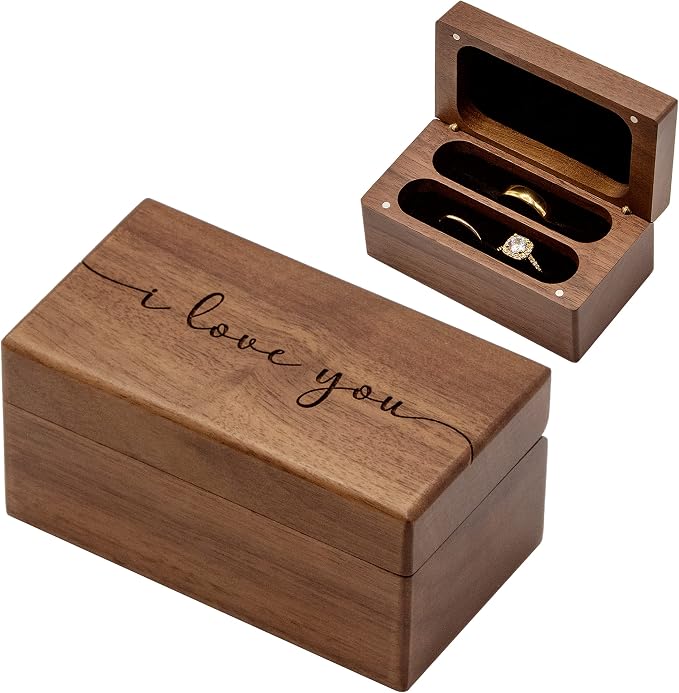 MUUJEE Quad Wooden Ring Box for Wedding Ceremony - Engraved Ring Holder Box for Engagement Proposal Anniversary and Valentines Day Gift for Him or Her (I Love You)