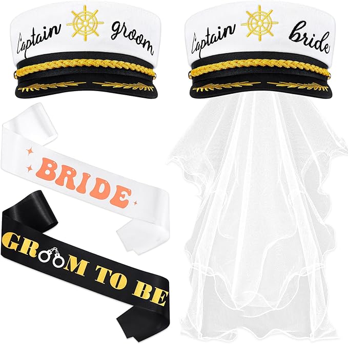 JaGely 4 Pcs Groom Bride Captain Hat with Veil Bachelor Sash Bachelorette Accessories for Wedding Bridal Shower Honeymoon