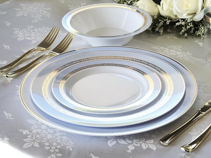 OCCASIONS Fancy Disposable Plates (25 Guests) - Gold Rimmed Heavy Duty Plastic Dinnerware Set, 25 x 10.5" Dinner + 25 x 7.5" Salad/Dessert, China-Like Look, BPA Free Wedding Party (Ritz Blue and Gold)