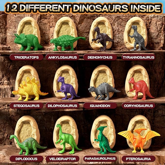 12 Dinosaur Eggs Dig Kit Toys for Kids, Dinosaur Eggs Excavation Kit with Magnifier, Easter Basket Stuffers, Science STEM Birthday Party Favors Gifts for Boys Girls Age 3 4 5 6 7 8 9 10 + Years Old