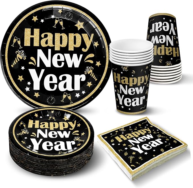 KatchOn, New Years Plates and Napkins Set - Serves 25 Guests | Black and Gold Plates, Cups, and Napkins | New Years Eve Party Supplies 2026 | Happy New Year Eve Plate, NY Party Decorations Favors