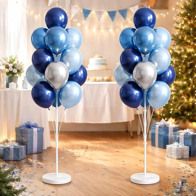 Balloon Column Stand Kit,2 Sets of Assorted Rainbow Balloon Tower Pillar with 10inch Bright Color baloon Reusable Design for Grirls Party,Birthday, Wedding,Baby Shower (Metallic Blue Sliver)