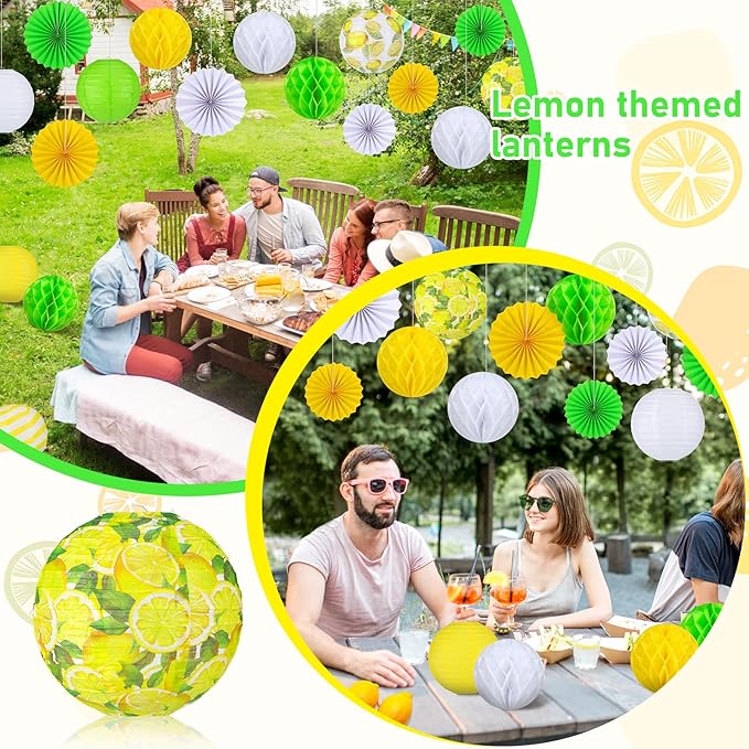Retisee 18 Pcs Lemon Party Decorations Kit Yellow Paper Lanterns Hanging Decoration Paper Fans Hanging Honeycomb Ball for Lemon Theme Party Supplies Wedding Baby Shower Decor