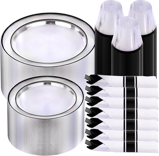 I00000 350 Pcs Black Plastic Dinnerware Set for 50 Guests Include: 50 Dinner Plates, 50 Dessert Plates, 50 Pre Rolled Napkins with Cutlery Set, 50 Cups for Birthday, Wedding Party Graduation