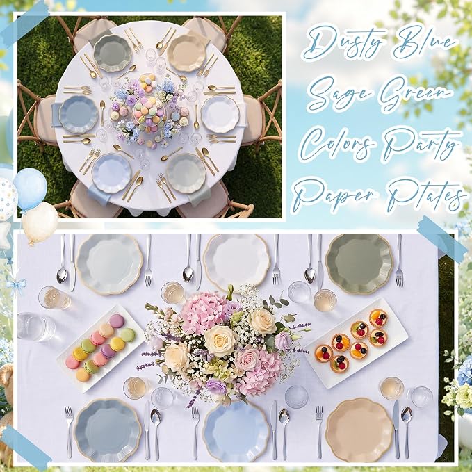 72 Pcs Boy Baby Shower Paper Plates 9 Inch Sage Green Blue Gradient Scalloped Paper Disposable Dinner Dessert Plates for One Silly Goose Birthday Wedding Bridal Party Supplies, 6 Colors