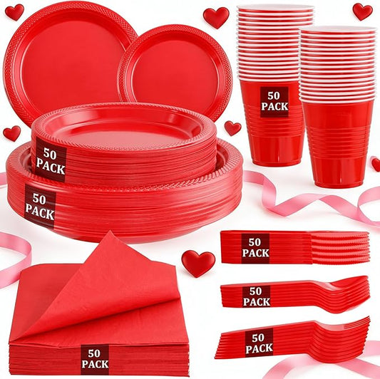 MirthMood 350PCS Red Disposable Plastic Plates,Red Dinnerware Set Includes 50 Dinner Plates, 50 Salad Plates, 50 Sets of Silverware, 50 Napkins and 50Pcs 12OZ Plastic Cups