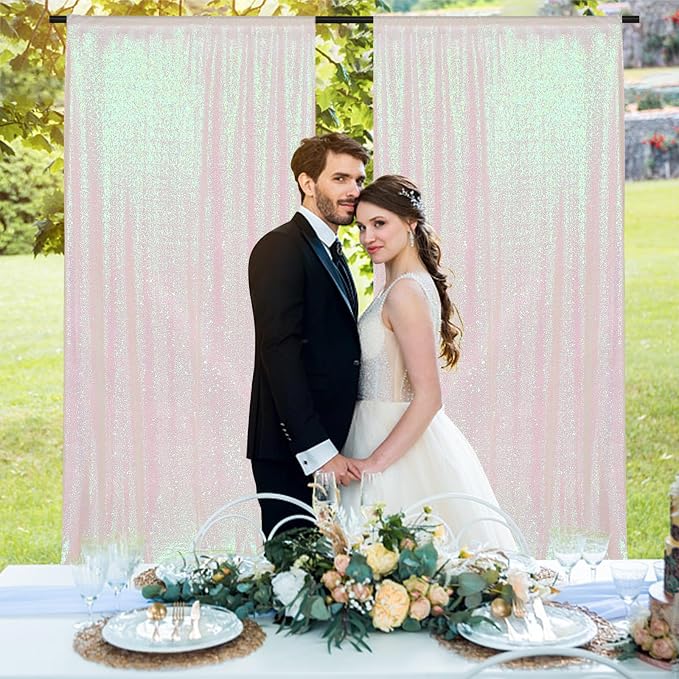 PartyDelight Iridescent White Sequin Backdrop 5x10ft 2 Panels | Iridescent white 3mm sequins show pink and purple tones under light on mesh backing for photos arches stages and party walls