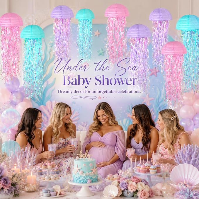 6-Pack Jellyfish Paper Lanterns with Shiny Ribbons, Pink Blue Purple Under The Sea Party Decorations, Mermaid Birthday Decorations for Girls, Ocean Themed Pool Party