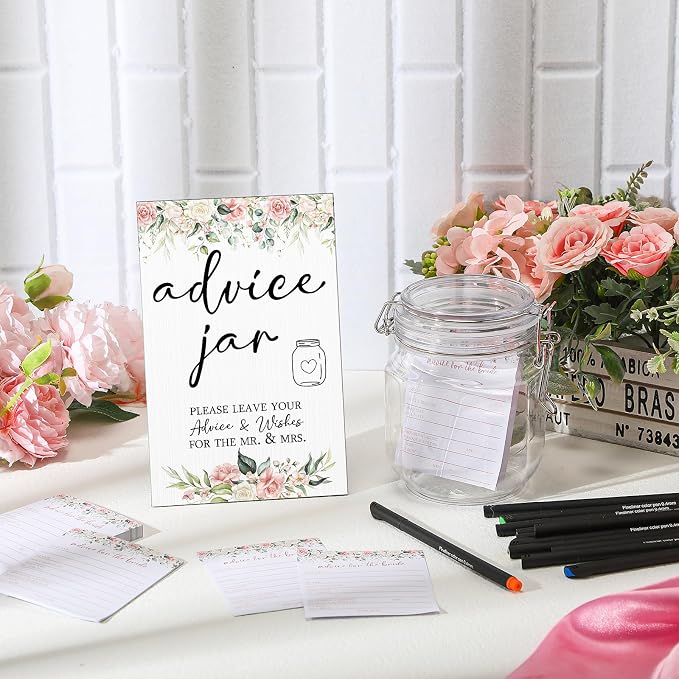 Sintuff 114 Pieces Floral Theme Bridal Shower Party Decor for Guest Include Advice and Wishes for the Mr and Mrs Wedding Advice Sign with Holder 100 Cards 12 Pens 1 Wishes Jar