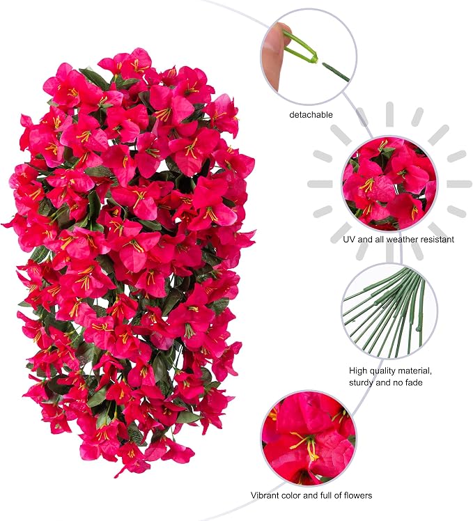 Faux Bougainvillea Artificial Flowers Plants for Outdoors Outside Decoration, 2 PCS Fake Flowers Silk Long Trailing Vines UV Resistant Realistic for Front Door Porch Planter Urn Patio Balcony Hot Pink