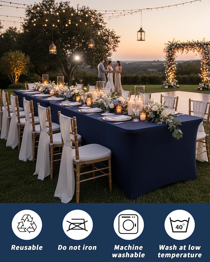 Fixwal Navy Blue Tablecloths for 8 Foot Rectangle Tables, 2 Pack Spandex Stretch Fitted Table Covers for Party, Trade Show, Banquet, Buffet, Graduation