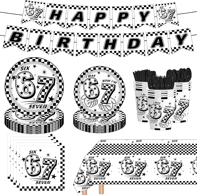 170Pcs 6 7 Birthday Decorations,White and Black Checkered I Was 6 Now I'm 7 Seven Birthday Theme Party Tableware Set Plates Napkins Cups Banner Tablecloth Tableware