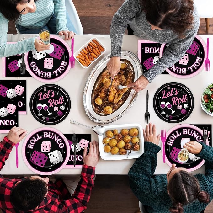 96Pcs Bunco Party Decorations Card Game Themed Tableware Pink Black Bunco Plates Napkins Forks And Napkins Let’s Roll Dinnerware Casino Night Bachelorette Party Supplies for Birthday Serves 24 Guests