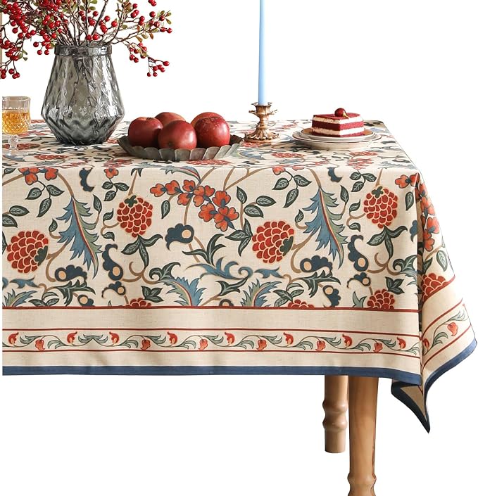 patdrea Elegant French Linen Tablecloth,Rectangular,87"x55"-Puno | Luxurious Table Cloth for Rectangle Table,Vintage Colorful Floral Design,Dining Room Kitchen Tea Party Decorations