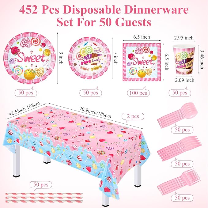 Funnymoom 452 Pcs Candyland Party Decorations Include Candy Paper Plates Napkins Cups Tablecloth Cutlery Straws Candy Birthday Dinnerware Disposable for Birthday Baby Shower Party Supplies