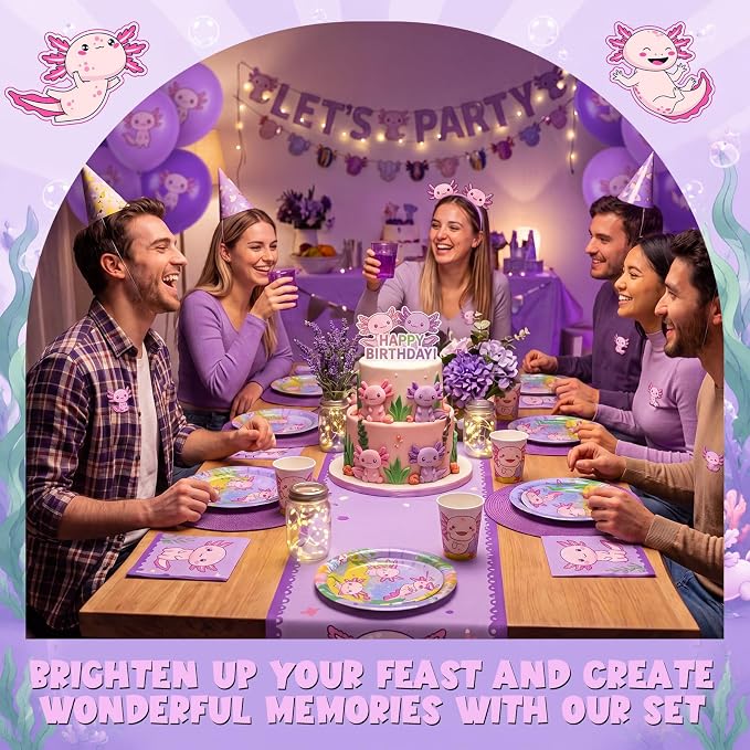 Pickmesh 250 Pcs Axolotl Birthday Disposable Tableware Set Reptile Animals Plates Napkins Cups Cutlery Purple Pink Cartoon Axolotl Birthday Party Supplies Favors for Baby Shower, Serve 50 Guest
