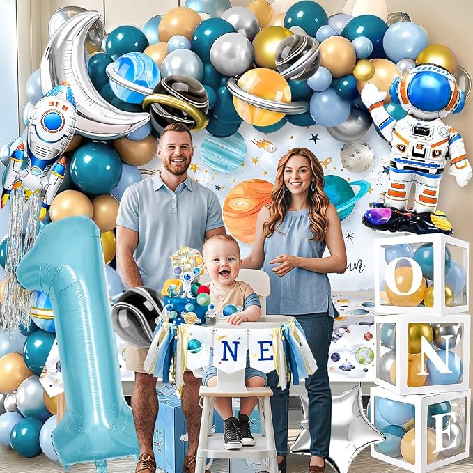 MOVINPE First Trip Around The Sun Birthday Party Decorations for Boy, Baby Boy 1st Birthday Party Supplies Outer Space Theme Birthday Decor, Solar System Astronaut Rocket Balloons Backdrop Party Decor
