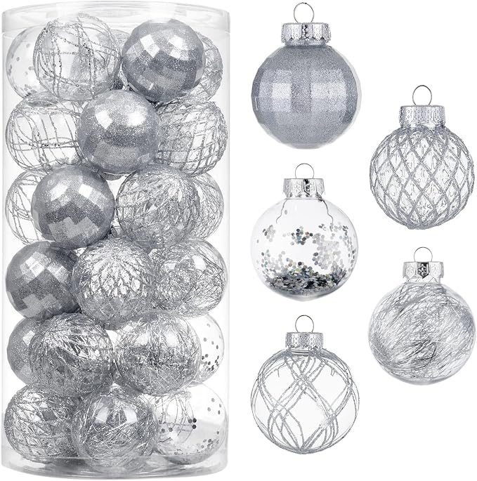 CristBest 30ct Christmas Ball Ornaments-60mm/2.36" Shatterproof Clear Plastic Xmas Balls Baubles Set with Stuffed Delicate Sparkling, Hanging Christmas Tree Decorations(Silver)