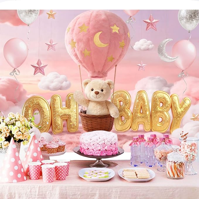Oh Baby Bear Baby Shower Backdrop 7Wx5H Feet Pink Cartoon Hot Air Balloons Lovely Clouds Gold Stars Moon Polyester Girls Baby Shower Photography Backgrounds Photo Shoot Decor Props Decoration