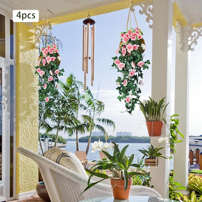 RECUTMS 4PCS Artificial Hanging Rose Flower Plants, 37Inch Light Pink Fake Silk Floral Ivy Garlands for Outdoors Home Room Garden Wedding Arch Bridal Shower Valentine's Mother's Day Indoor Party Decor