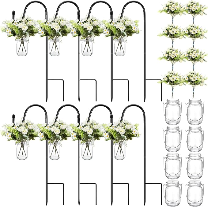 Thiccywoov 8 Sets Wedding Aisle Decoration Include 16 oz Rose Daisy Hanging Mason Jar 32 Shepherds Hooks Rustic Mason Jar with Faux Rose and Daisy for Outdoor Wedding Isle Ceremony Decorations