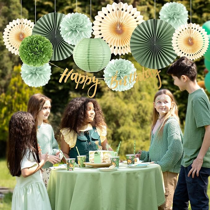 SUNBEAUTY Sage Green Birthday Decorations for Women Green Tissue Pom Poms Paper Lanterns Party Decorations Happy Birthday Banner Sage Green Paper Fans for Spring Garden Party Wedding Bridal Shower