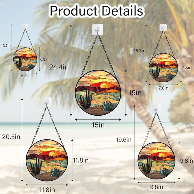 DASTOLL Stained Glass Window Hanging, Golden Landscape Dusk Sunset Suncatcher for Doors Window Home Cactus Sun Catchers Decoration Mother's Day Birthday Gifts for Women, Men, and Mom 6.3 in