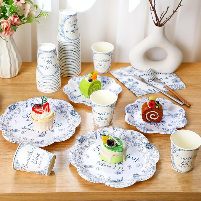 Newtay 250 Pcs Something Blue Bridal Shower Decorations Scalloped Blue and White Floral Plates and Napkins Bridal Shower Disposable Paper Tableware Set for 50 Guests for Wedding Engagement Party
