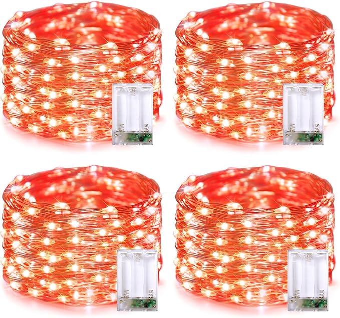QITONG Orange Fairy Lights Battery Operated, 4 Pack Each 16ft 50 LED Halloween Lights Outdoor Waterproof, Silver Wire Christmas Twinkle Mini String Lights Indoor