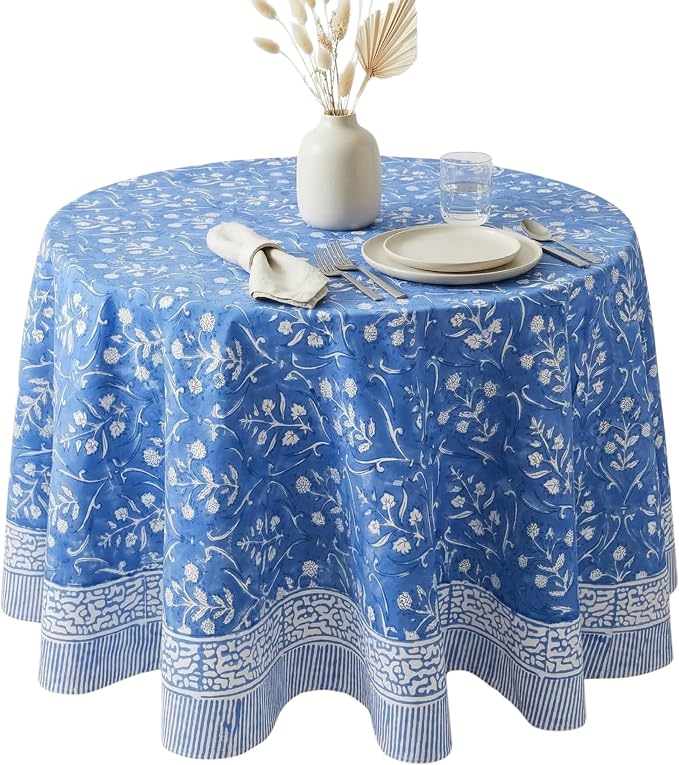 ATOSII Maya Blue 100% Cotton Round Boho Fall Tablecloth, Handblock Floral Table Cloth Linen for Kitchen Dining I Parties Weddings Outdoors Picnics Easter Mothers Day I 60" Inches Round I 4 Seater