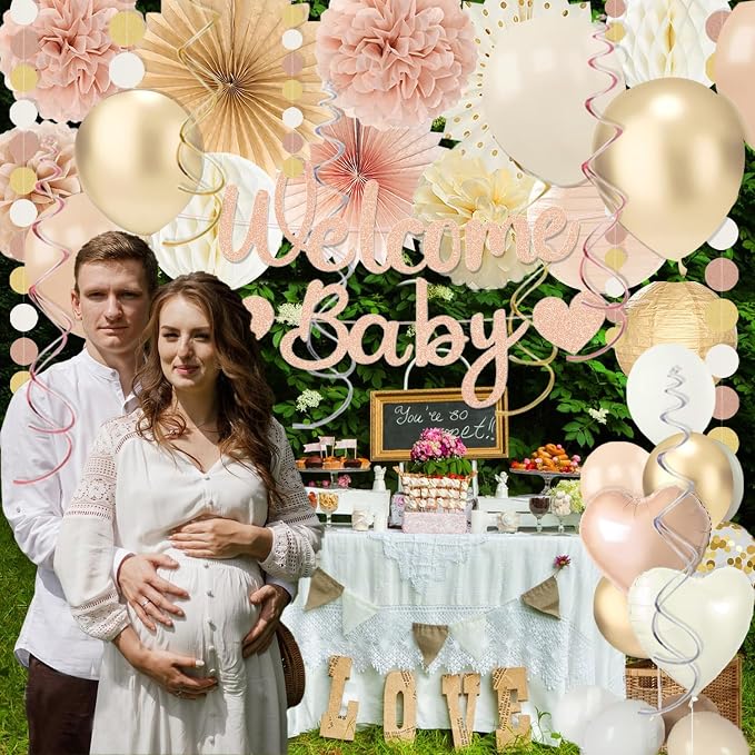 Champagne-Gold Baby Shower Decorations For Girl,65pcs Beige Fall Boho Party Décor with Netural Balloon,Welcome Banner,Sweet Peach Paper Fan Lanterns Pom Poms,Baby-Girl Party Favors Rustic Backdrop
