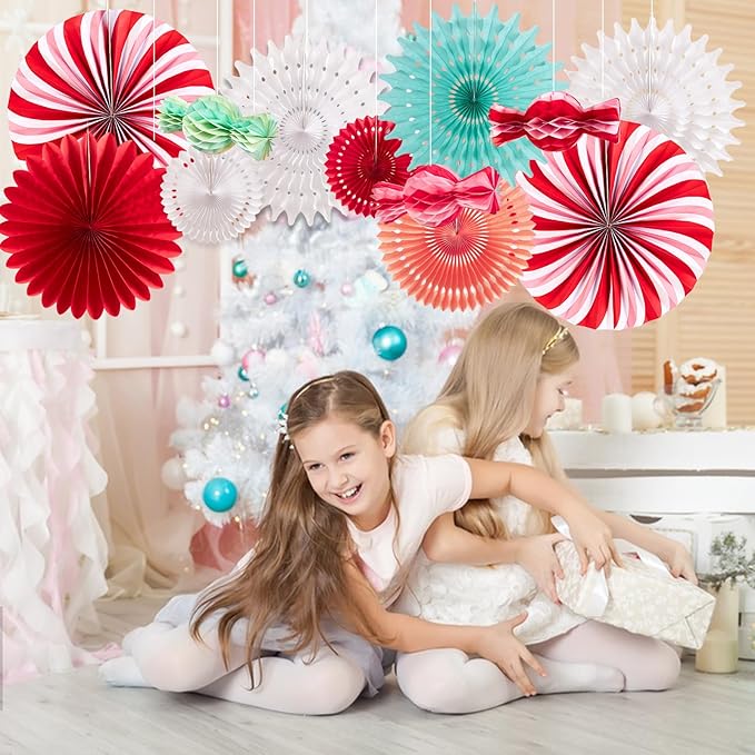 PAPER JAZZ 12pcs Candy Paper Fans Christmas Decoration,Candy Honeycomb Christmas Decorations,White and Red Xmas Decoration Wall/Ceiling for Classroom,Bulletin Board,Winterwonderland,Office Decor.