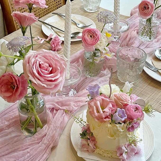 12 Pack Light Pink Table Runner Cheesecloth, Summer Rustic Sheer Gauze Table Runner 35x120 Inch for Wedding Baby Shower Bridal Shower Party Home Decorations
