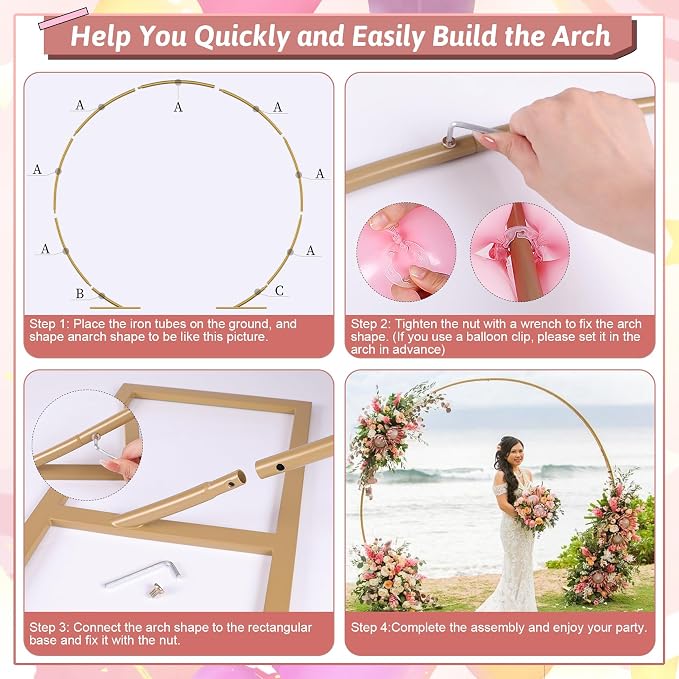 Balloon Arch Stand Kit, 8.2ft (2.5m) Metal Round Backdrop Stand Frame Set: Half Circle Gold Balloon Arch for Birthday Party Baby Shower Wedding Graduation Decoration (Golden)