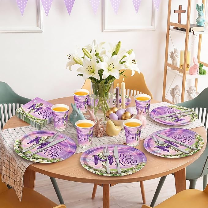 Vesici 150 Pcs Easter Cross Paper Plates and Napkins Set-serves 50, 10'' x 12'' Large Bunny Flower Tableware Disposable Purple Cross Paper Plates Cups Napkins for Spring Easter Birthday Party Supplies