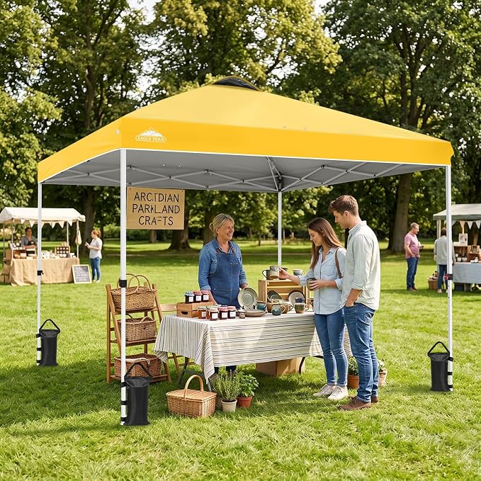 EAGLE PEAK Pop Up Canopy Tent with Wheeled Carry Bag, 8 Stakes, 4 Ropes, 4 Weight Bags, Easy Set Up Tent Canopy, 10x10 ft, 100sqft of Shade, Yellow