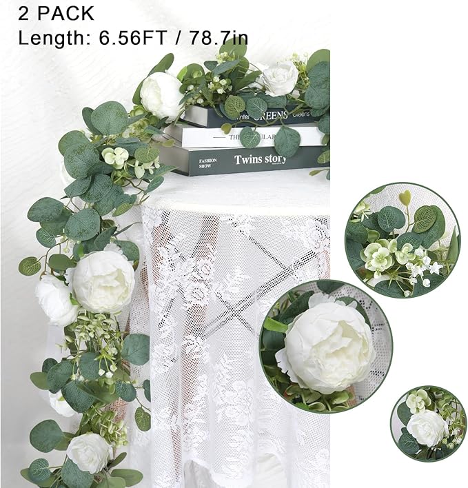 SOMYTING 2 Pack 13FT Flower Garland, Artificial Rose Vine Fake Flower Garland Silk Rose Peony Hanging Vine Faux Floral Vine for Wedding Party Arch Table Wall Backdrop Decoration (White)