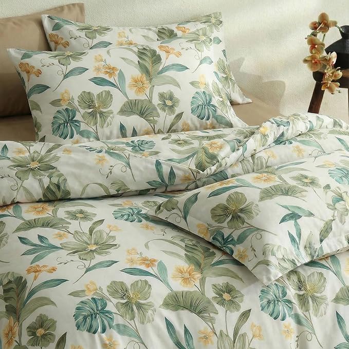 Bedding_Dreamer Green Floral Comforter Set Queen 100% Cotton Comforter Garden Style Bedding Flower Leaf Botanical Bed Chic Boho Home Decor