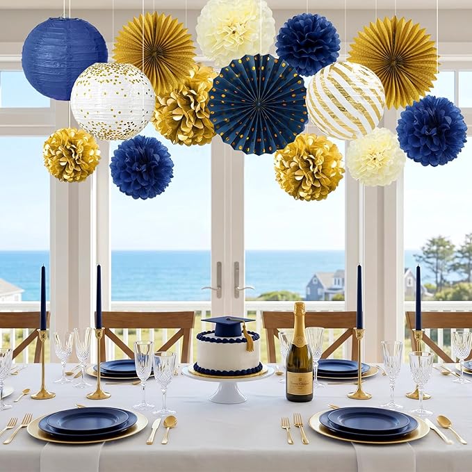 ADLKGG Navy Blue and Gold Party Decorations, 14 Pcs Hanging Paper Fans, Lanterns, Pom Poms, Elegant Backdrop for Class of 2026 Graduation, Nautical Baby Shower, Bachelorette, Men Birthday