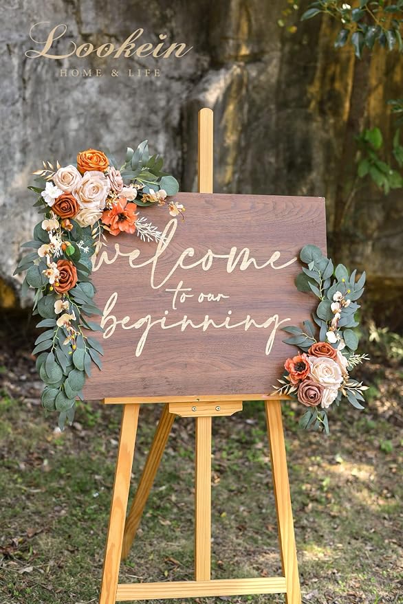 Lookein Artificial Flower Swag for Wedding Welcome Sign Floral Decoration for Wedding Ceremony Wedding Reception Entry Decoration Set of 2, Chic Terracotta