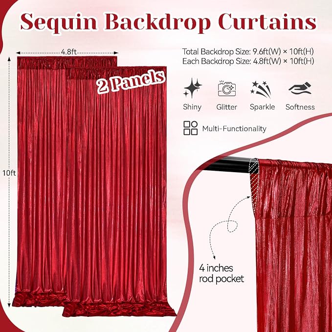 Red Sequin Backdrop Curtains - 4.8ftx10ft Photography Backdrops with Non-Shedding Glitter Wrinkle-Free Stage Drapes for Wedding Valentines Christmas Studio Shoots (2 Panels)